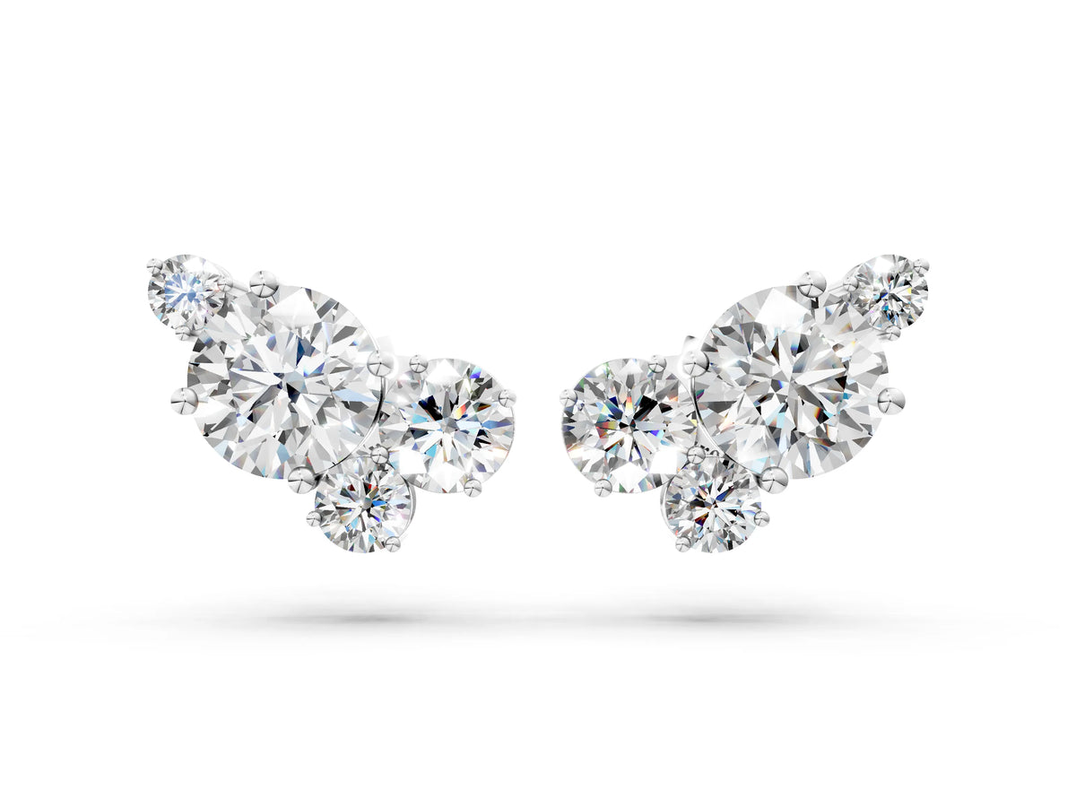 Silver Round and Oval Diamond Hydrangea Bouquet Stud Earrings with Round Diamond Accents