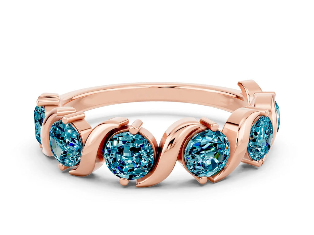 Six-Stone Round Blue Topaz Wave Band in Rose gold with Shared Prong Setting 