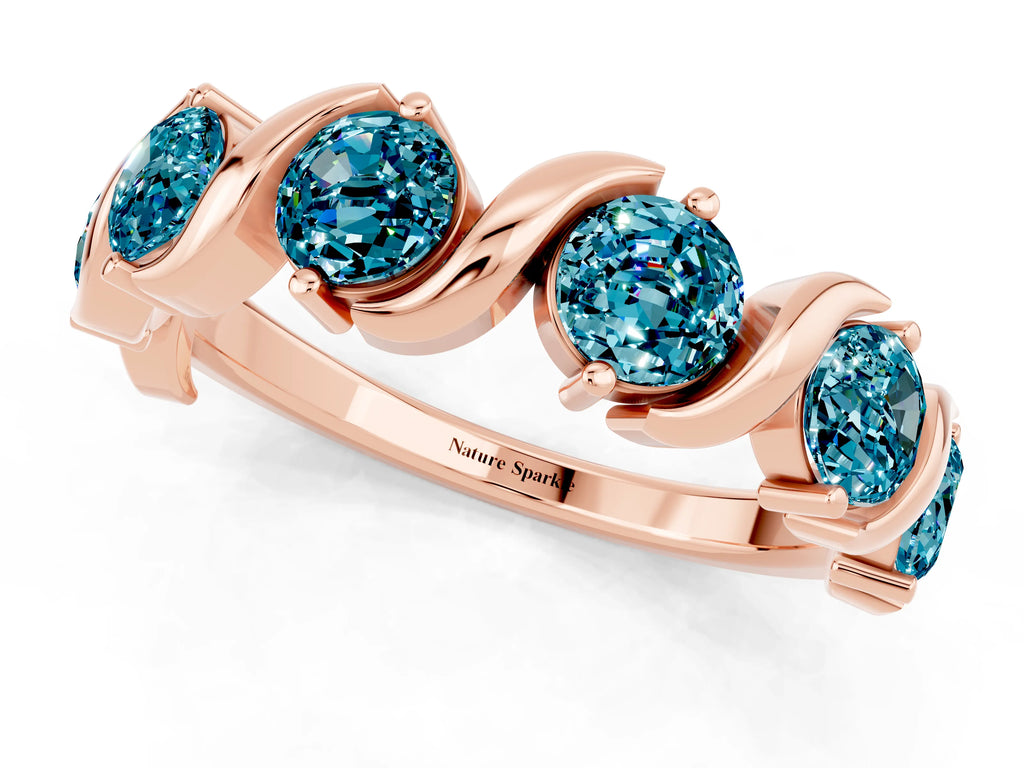 Six-Stone Round Blue Topaz Wave Band in Rose gold with Shared Prong Setting