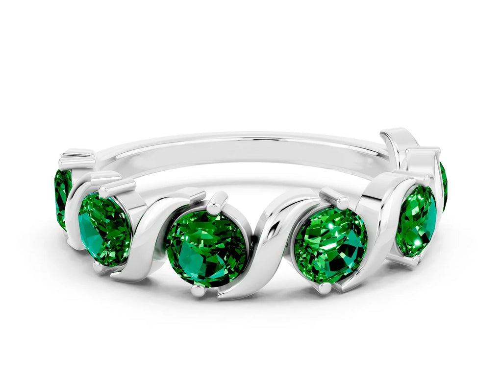 Six-Stone Round Emerald Wave Band in Platinum with Shared Prong Setting 