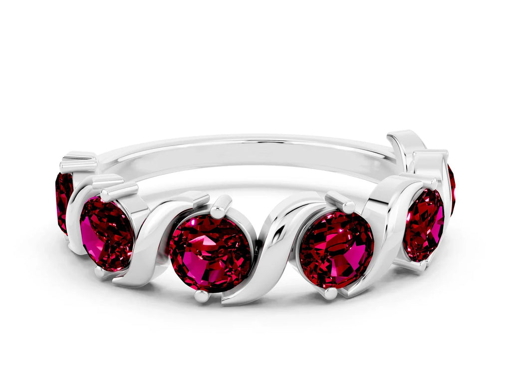 Six-Stone Round Garnet Wave Band in White gold with Shared Prong Setting 