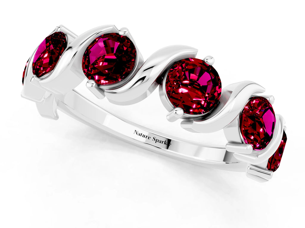 Six-Stone Round Garnet Wave Band in White gold with Shared Prong Setting