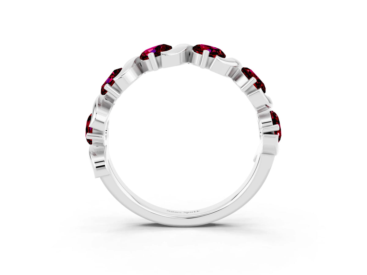 Six-Stone Round Garnet Wave Band in White gold with Shared Prong Setting