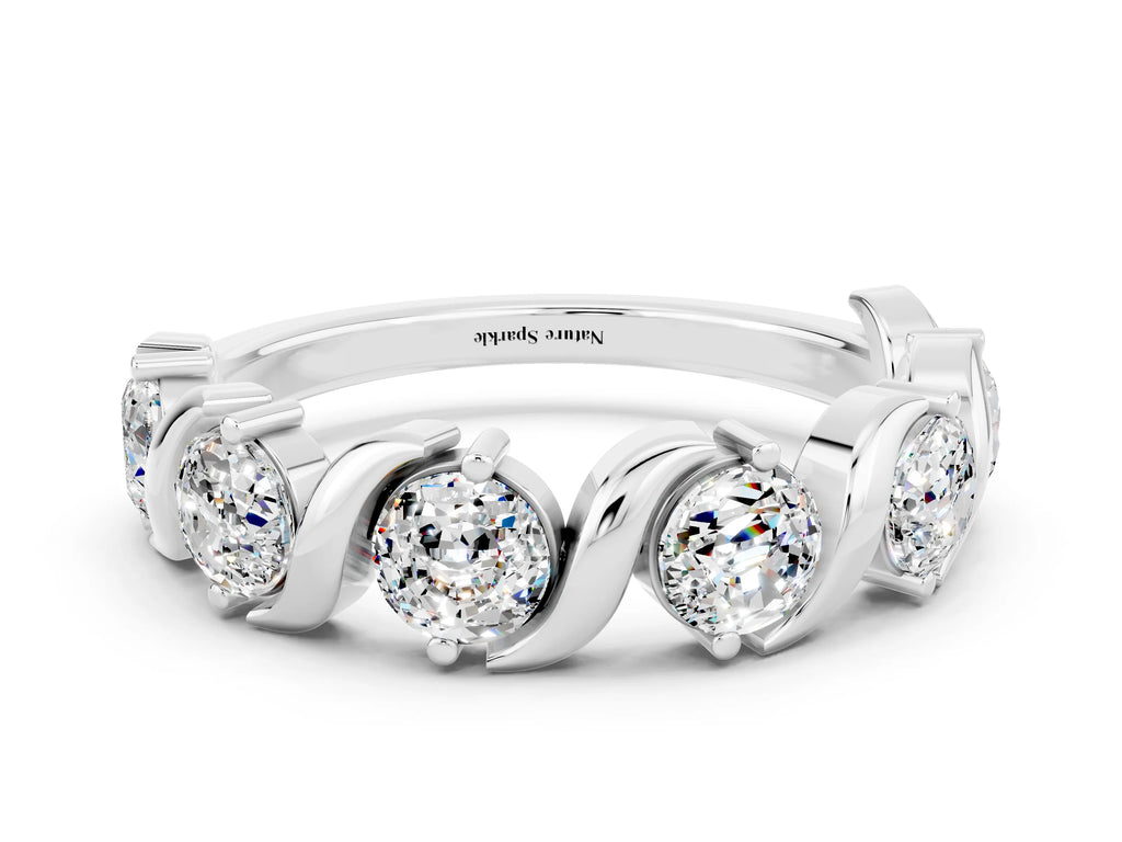 Six-Stone Round Moissanite Wave Band in Platinum with Shared Prong Setting