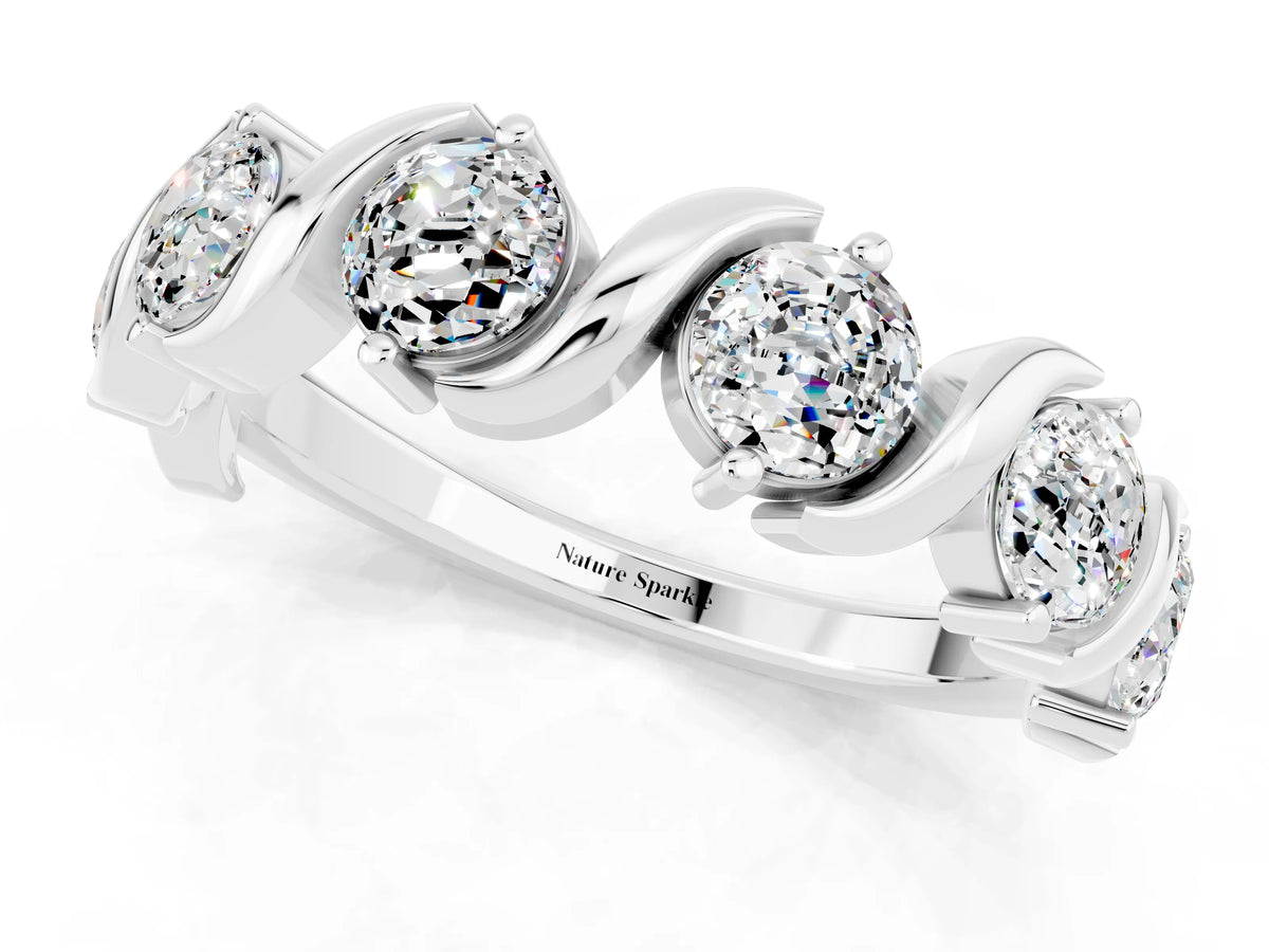 Six-Stone Round Moissanite Wave Band in Platinum with Shared Prong Setting