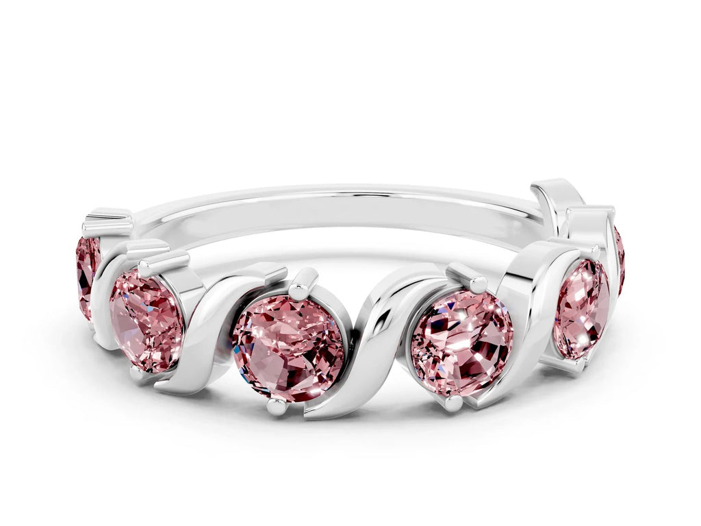 Six-Stone Round Morganite Wave Band in Silver with Shared Prong Setting 