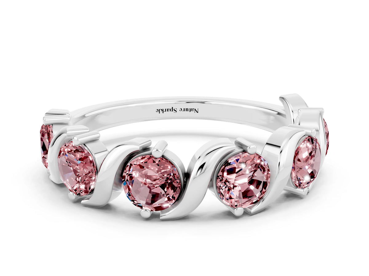 Six-Stone Round Morganite Wave Band in Silver with Shared Prong Setting