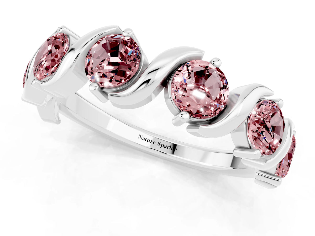 Six-Stone Round Morganite Wave Band in Silver with Shared Prong Setting
