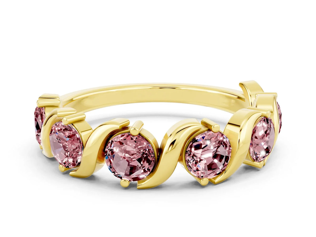 Six-Stone Round Morganite Wave Band in Yellow gold with Shared Prong Setting 