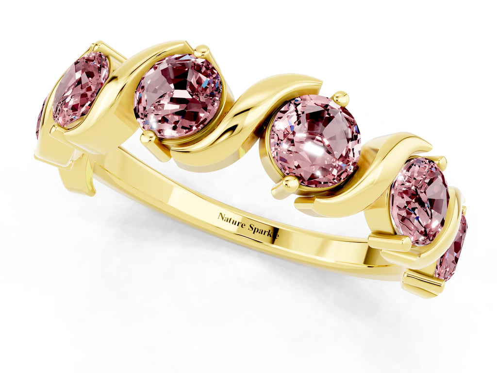 Six-Stone Round Morganite Wave Band in Yellow gold with Shared Prong Setting