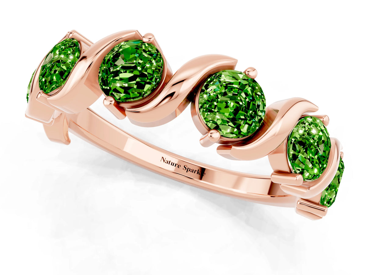 Six-Stone Round Peridot Wave Band in Rose gold with Shared Prong Setting