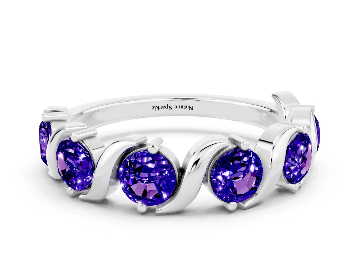 Six-Stone Round Tanzanite Wave Band in Platinum with Shared Prong Setting
