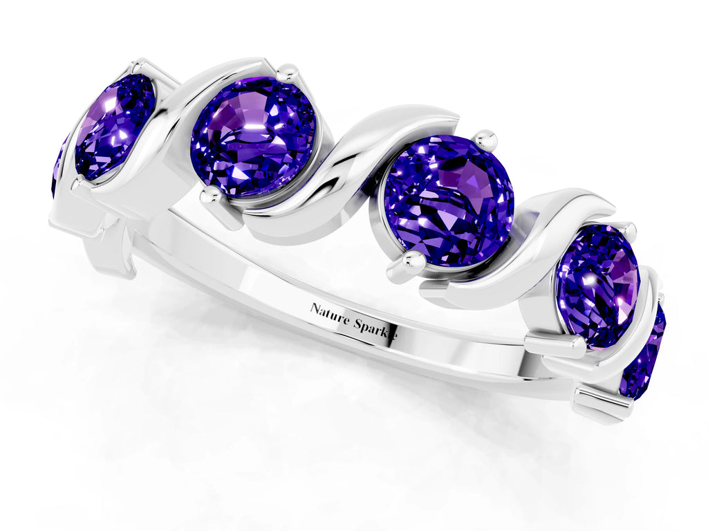 Six-Stone Round Tanzanite Wave Band in Platinum with Shared Prong Setting