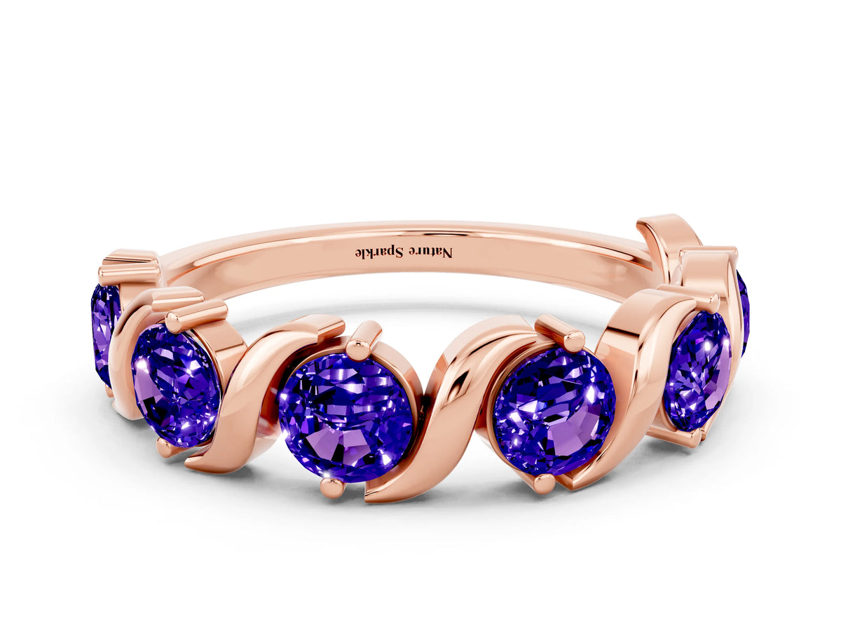 Six-Stone Round Tanzanite Wave Band in Rose gold with Shared Prong Setting