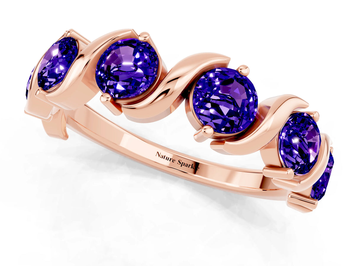 Six-Stone Round Tanzanite Wave Band in Rose gold with Shared Prong Setting