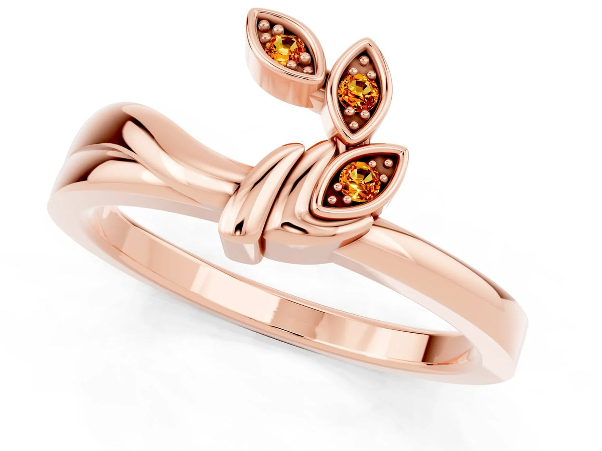 Three-Stone Round Citrine Leaf Bypass Ring in Rose gold with Bezel Setting 