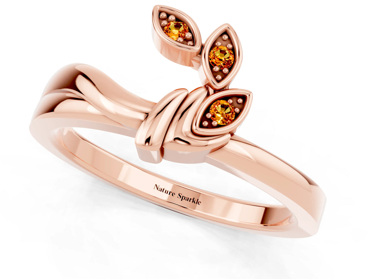Three-Stone Round Citrine Leaf Bypass Ring in Rose gold with Bezel Setting
