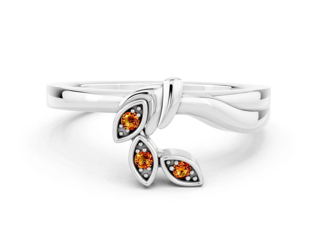 Three-Stone Round Citrine Leaf Bypass Ring in Silver with Bezel Setting