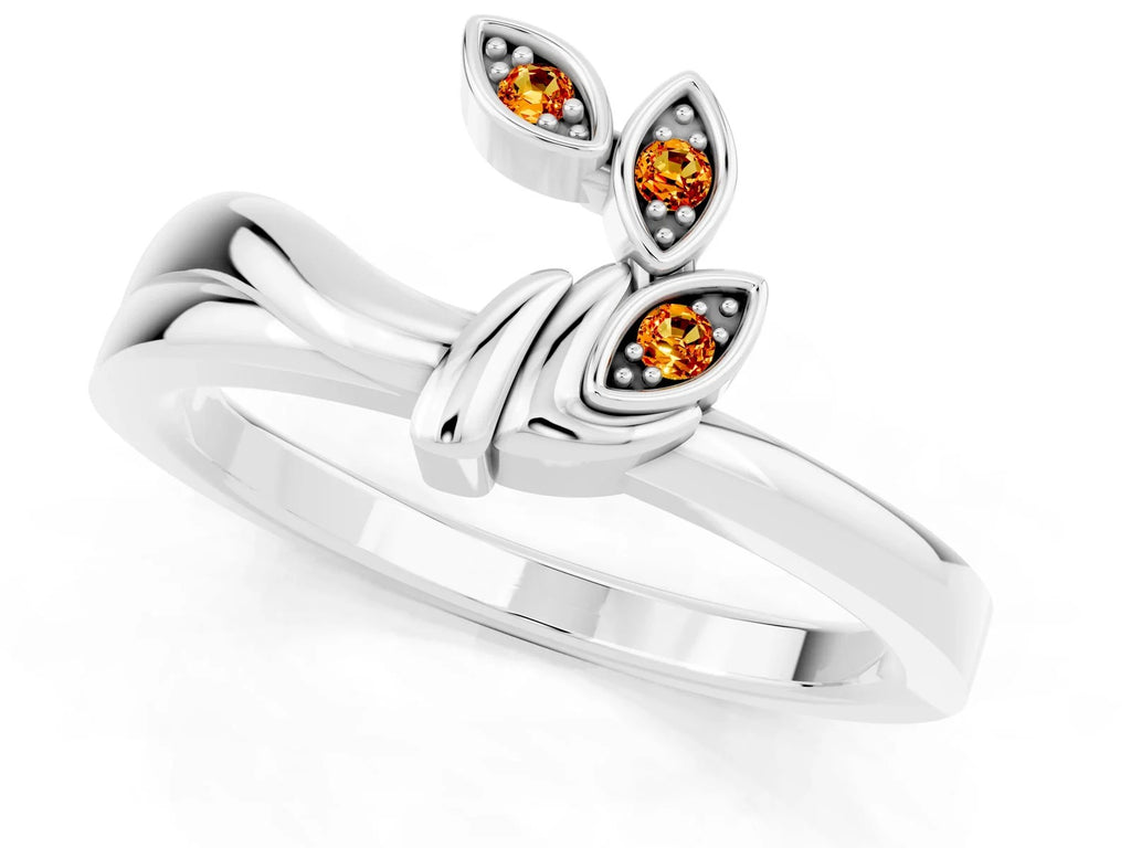 Three-Stone Round Citrine Leaf Bypass Ring in Silver with Bezel Setting 