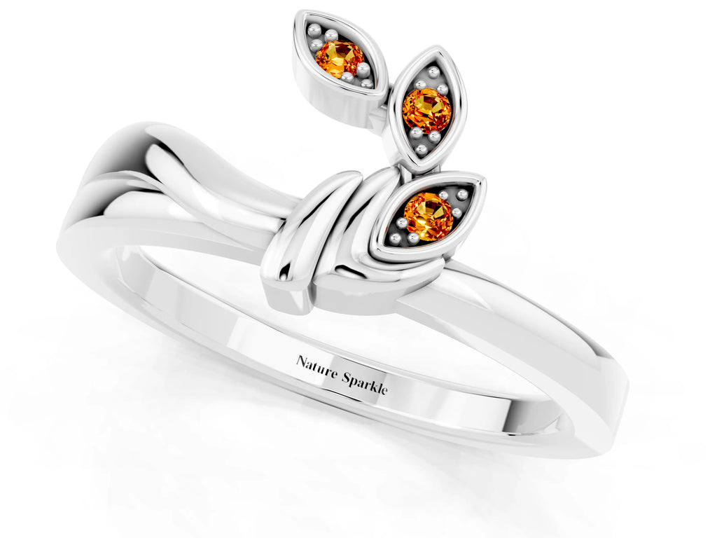 Three-Stone Round Citrine Leaf Bypass Ring in Silver with Bezel Setting