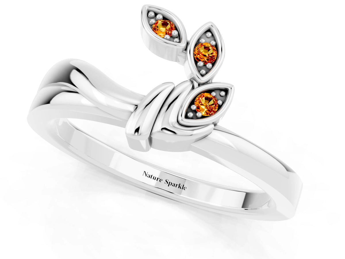 Three-Stone Round Citrine Leaf Bypass Ring in Silver with Bezel Setting