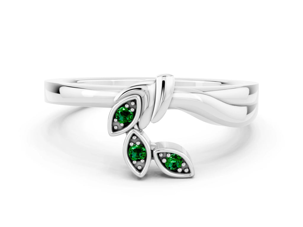 Three-Stone Round Emerald Leaf Bypass Ring in Platinum with Bezel Setting