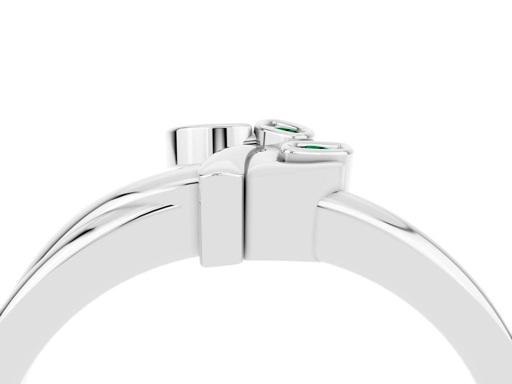 Three-Stone Round Emerald Leaf Bypass Ring in Platinum with Bezel Setting