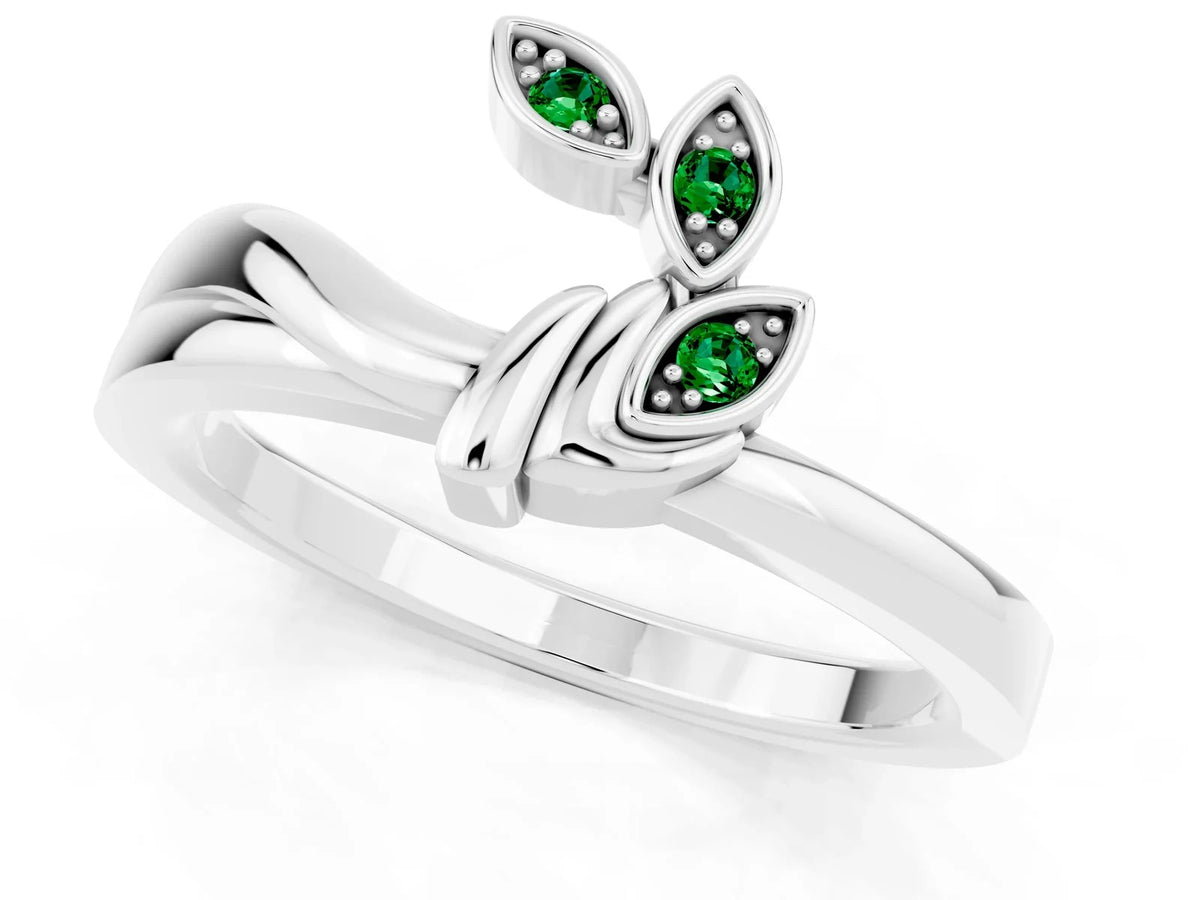 Three-Stone Round Emerald Leaf Bypass Ring in White gold with Bezel Setting 