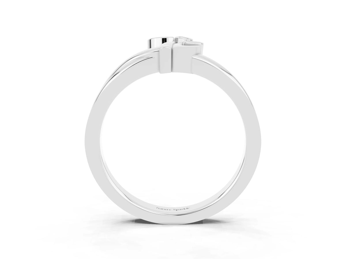 Three-Stone Round Emerald Leaf Bypass Ring in White gold with Bezel Setting