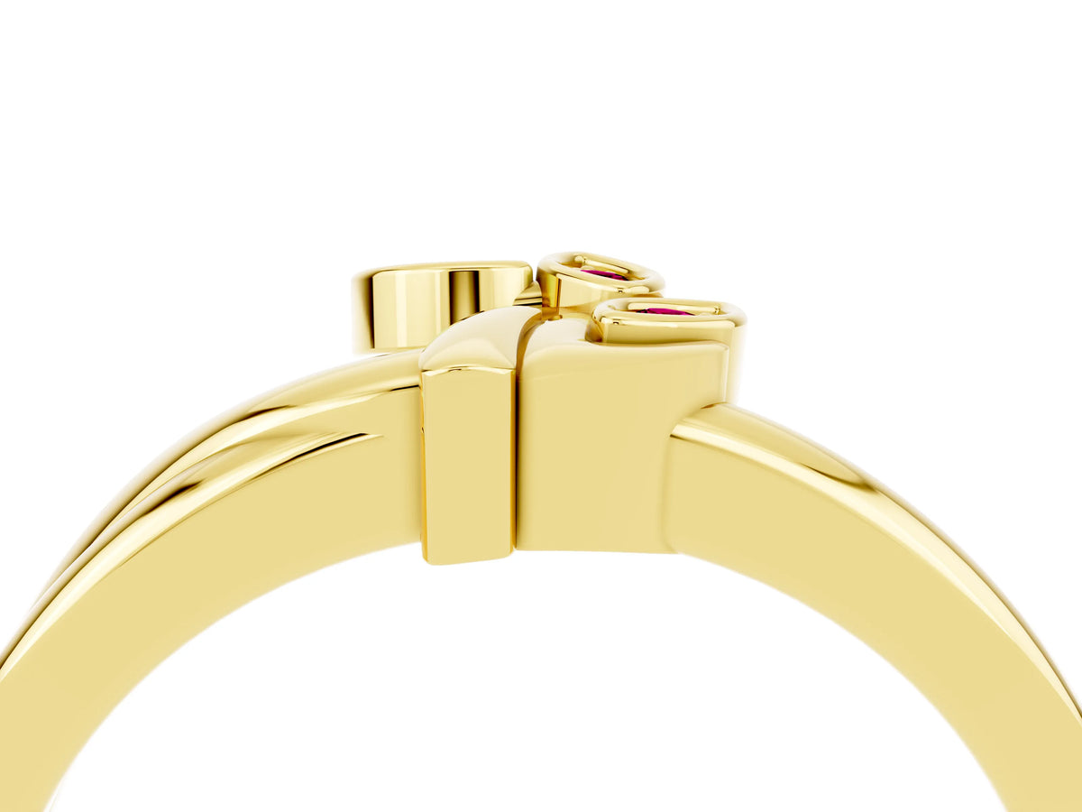 Three-Stone Round Garnet Leaf Bypass Ring in Yellow gold with Bezel Setting