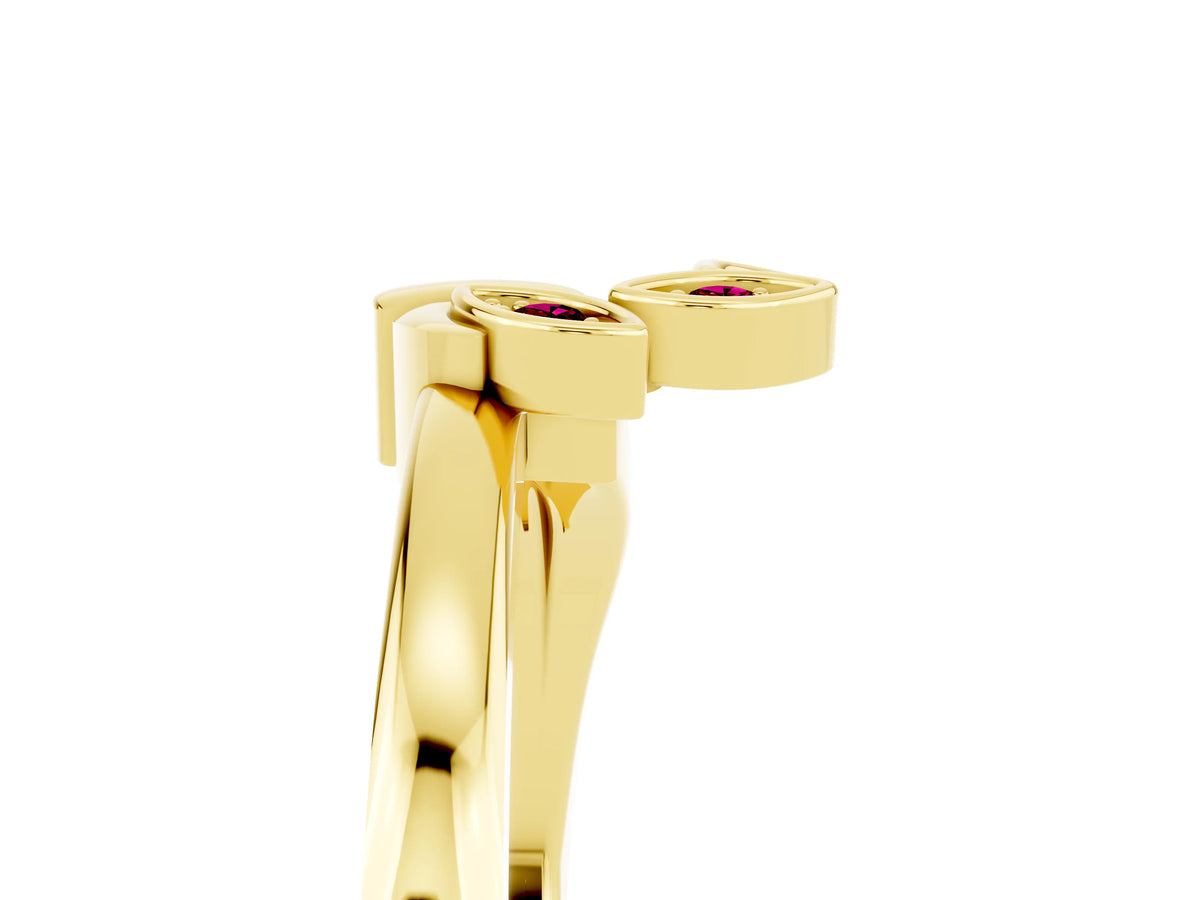 Three-Stone Round Garnet Leaf Bypass Ring in Yellow gold with Bezel Setting