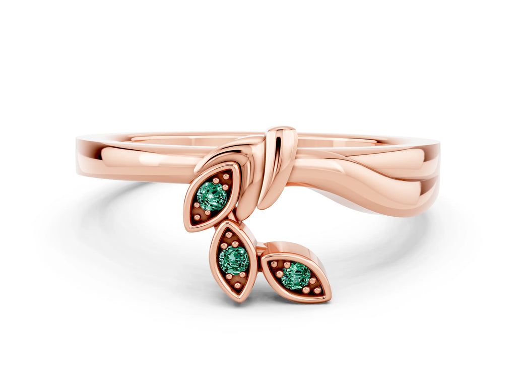 Three-Stone Round Green Sapphire Leaf Bypass Ring in Rose gold with Bezel Setting