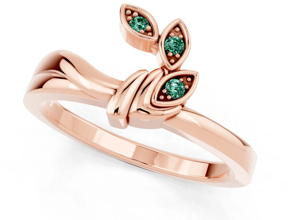 Three-Stone Round Green Sapphire Leaf Bypass Ring in Rose gold with Bezel Setting 