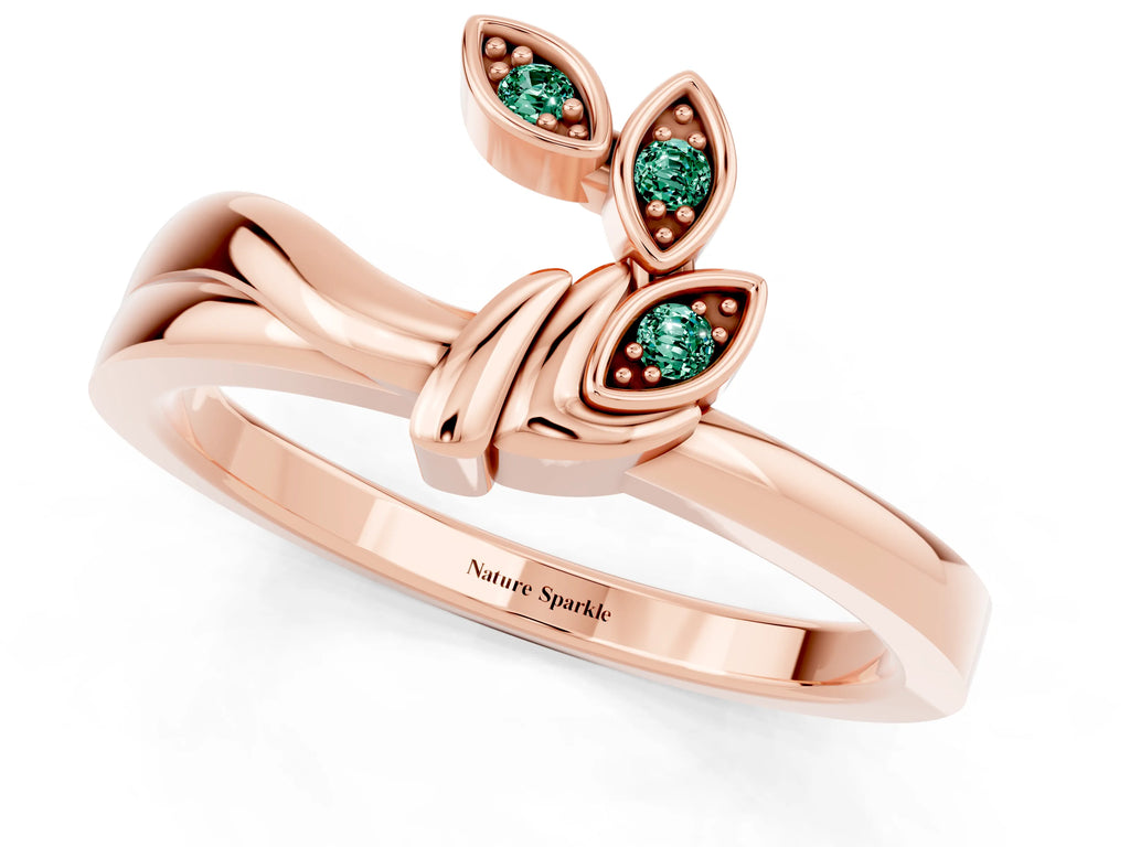 Three-Stone Round Green Sapphire Leaf Bypass Ring in Rose gold with Bezel Setting
