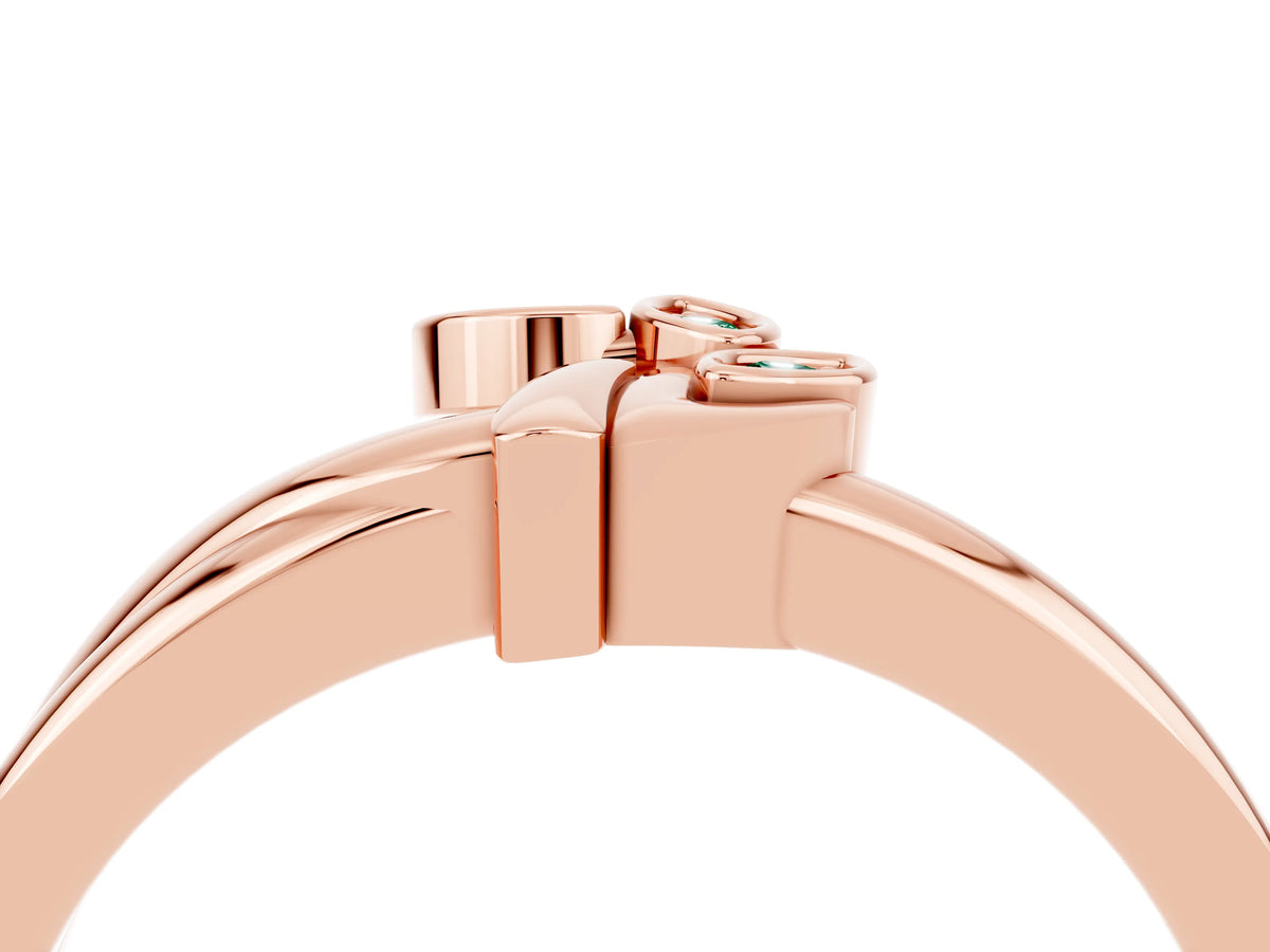 Three-Stone Round Green Sapphire Leaf Bypass Ring in Rose gold with Bezel Setting