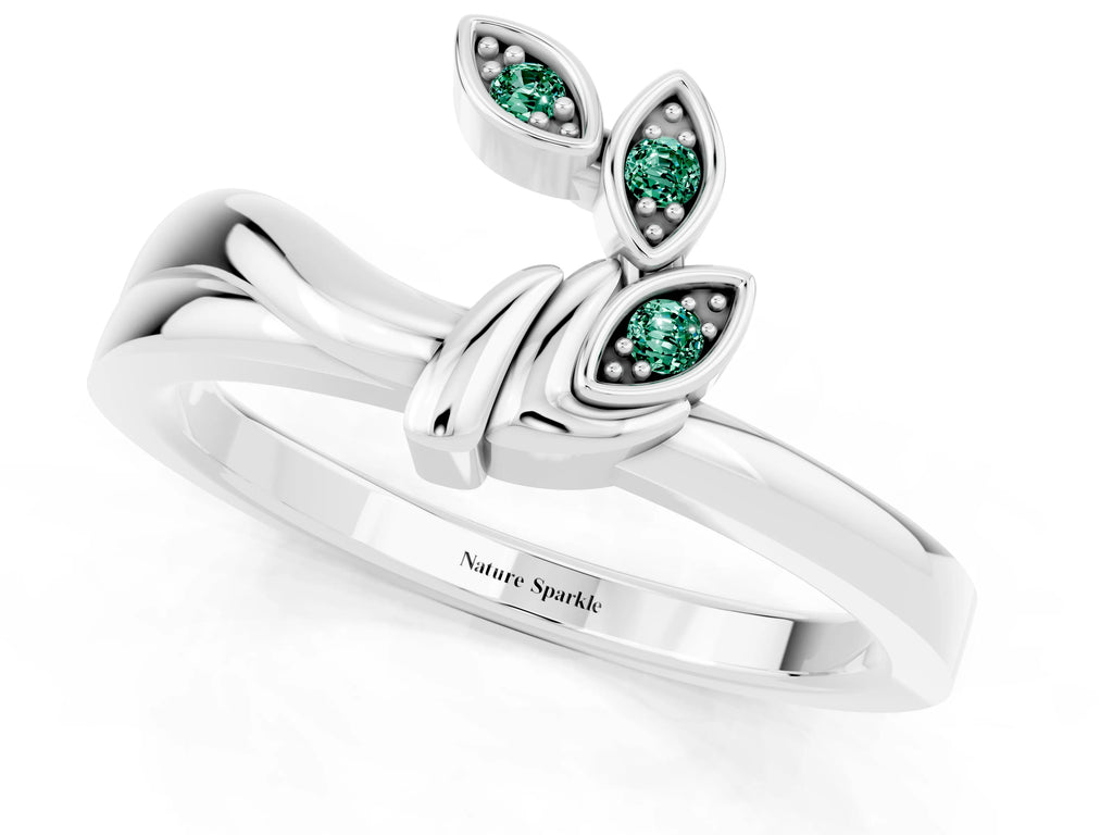Three-Stone Round Green Sapphire Leaf Bypass Ring in Silver with Bezel Setting