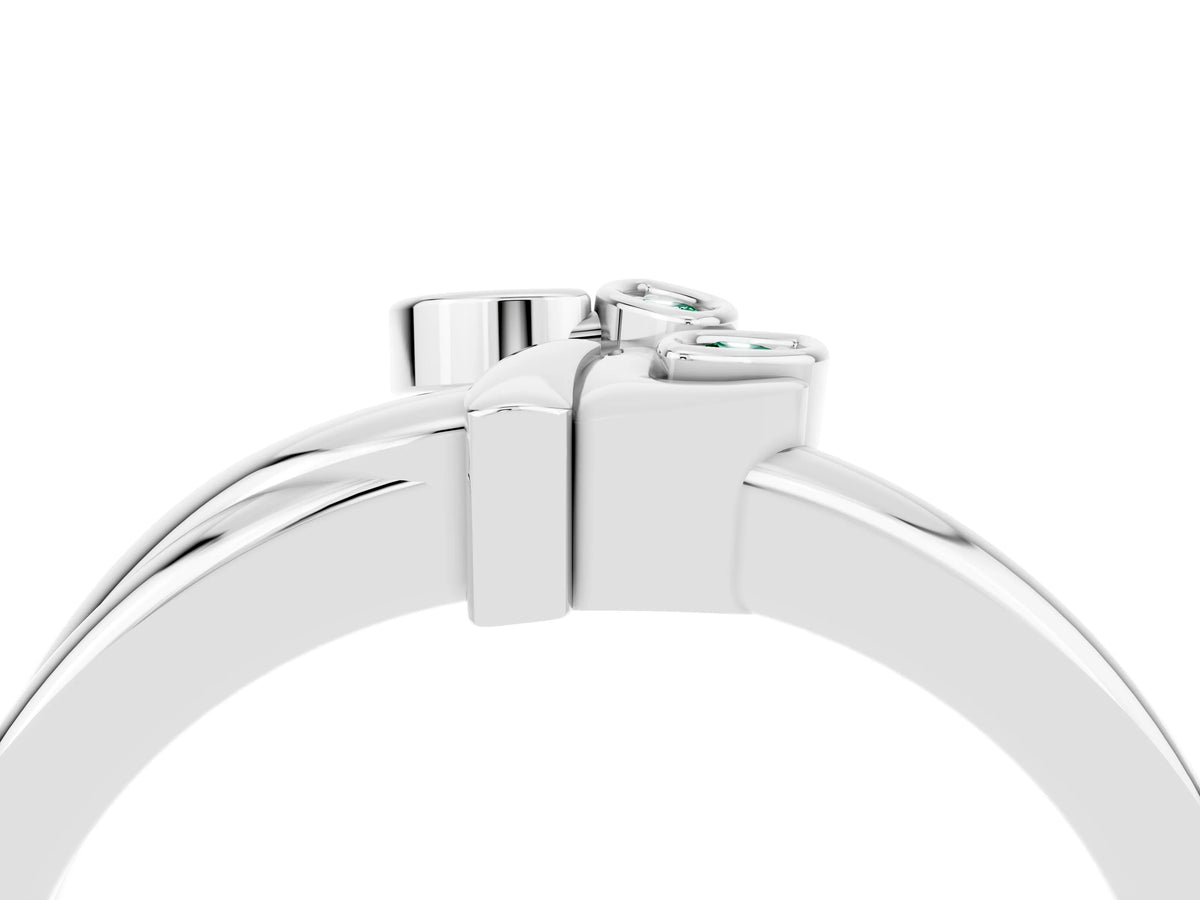 Three-Stone Round Green Sapphire Leaf Bypass Ring in Silver with Bezel Setting