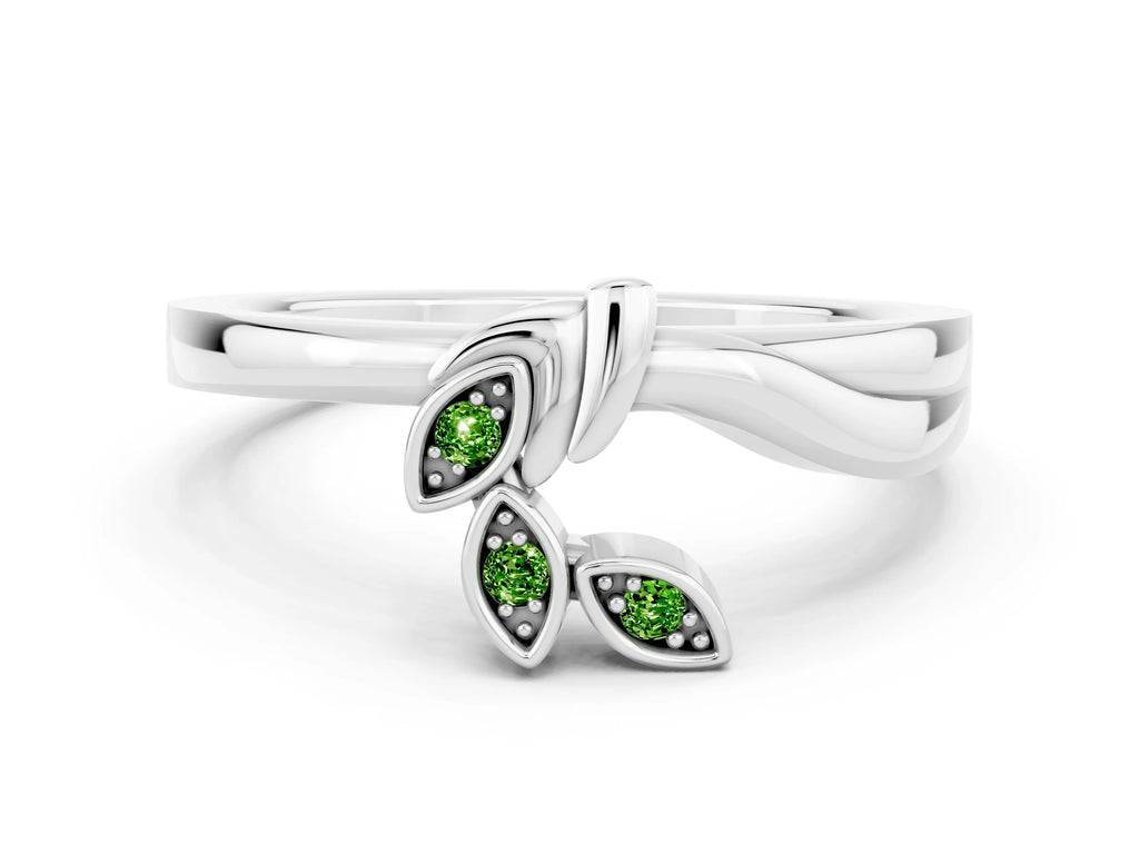 Three-Stone Round Peridot Leaf Bypass Ring in White gold with Bezel Setting
