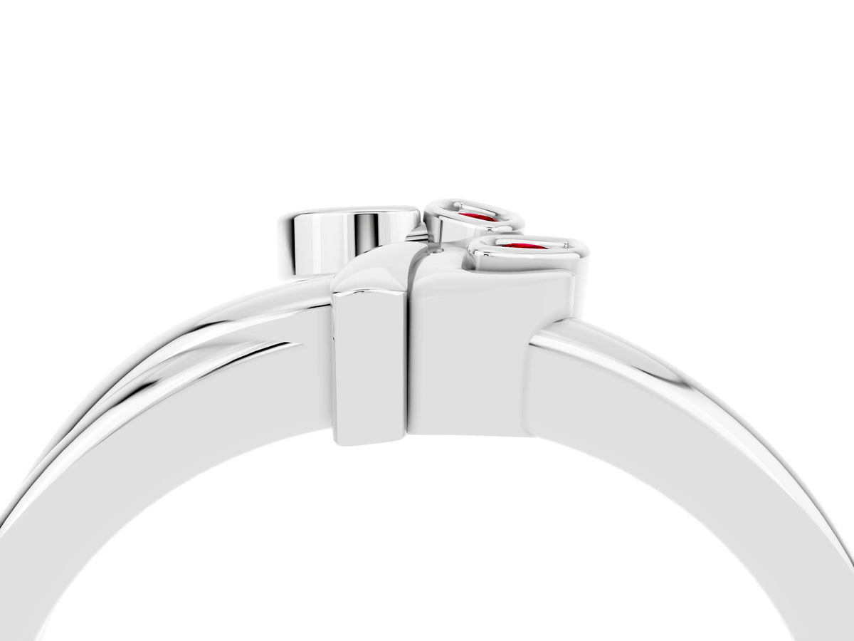 Three-Stone Round Ruby Leaf Bypass Ring in Silver with Bezel Setting