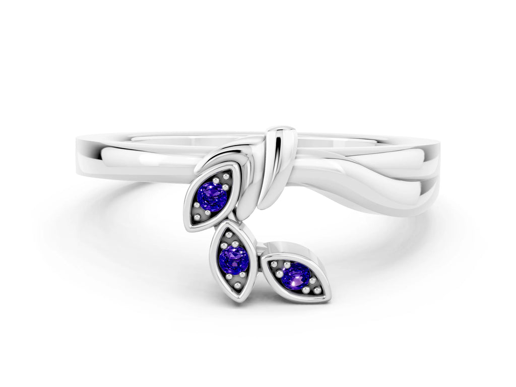 Three-Stone Round Tanzanite Leaf Bypass Ring in Silver with Bezel Setting