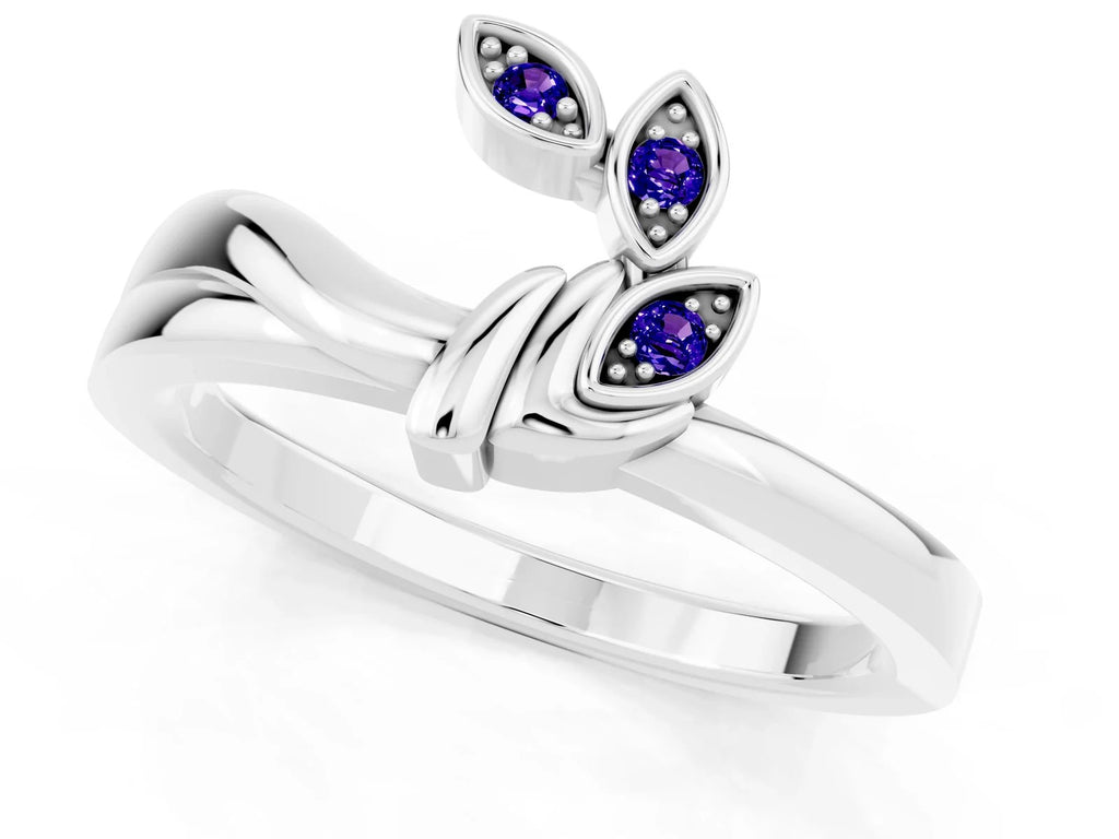 Three-Stone Round Tanzanite Leaf Bypass Ring in Silver with Bezel Setting 