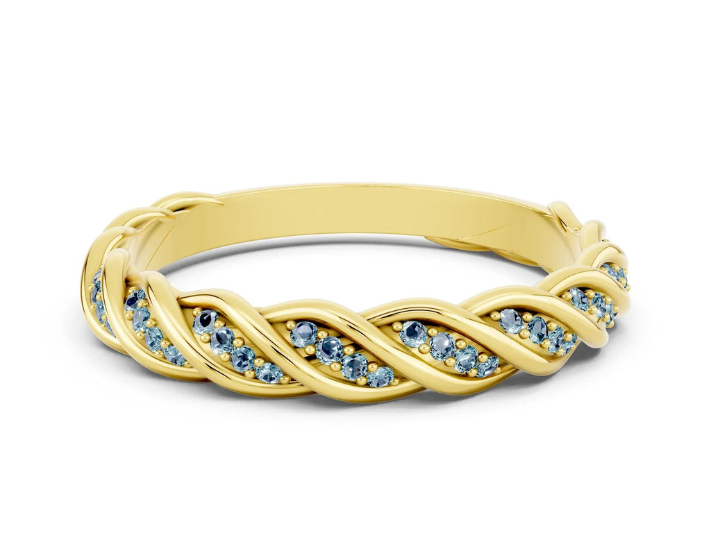 Twisted Pavé Round Aquamarine Eternity Band in Yellow gold with Shared Prong Setting 