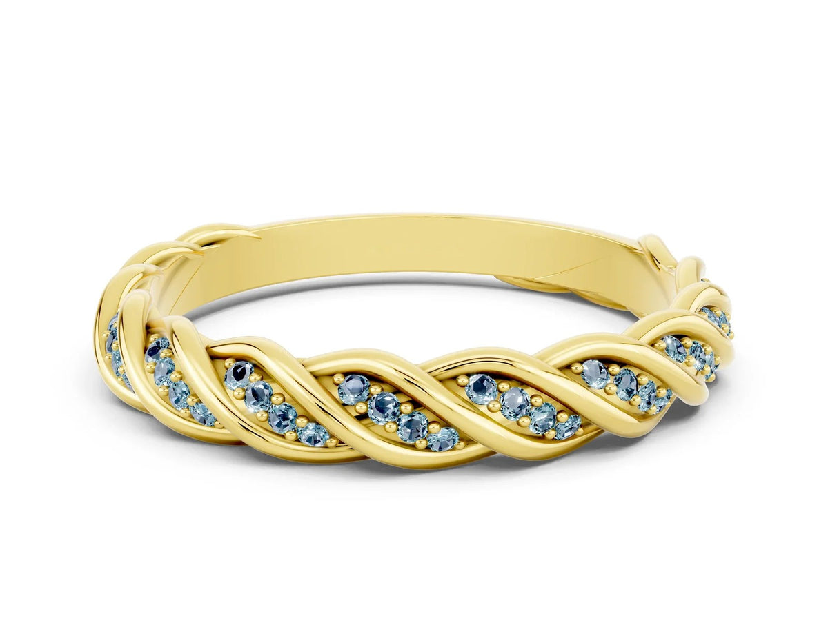 Twisted Pavé Round Aquamarine Eternity Band in Yellow gold with Shared Prong Setting 