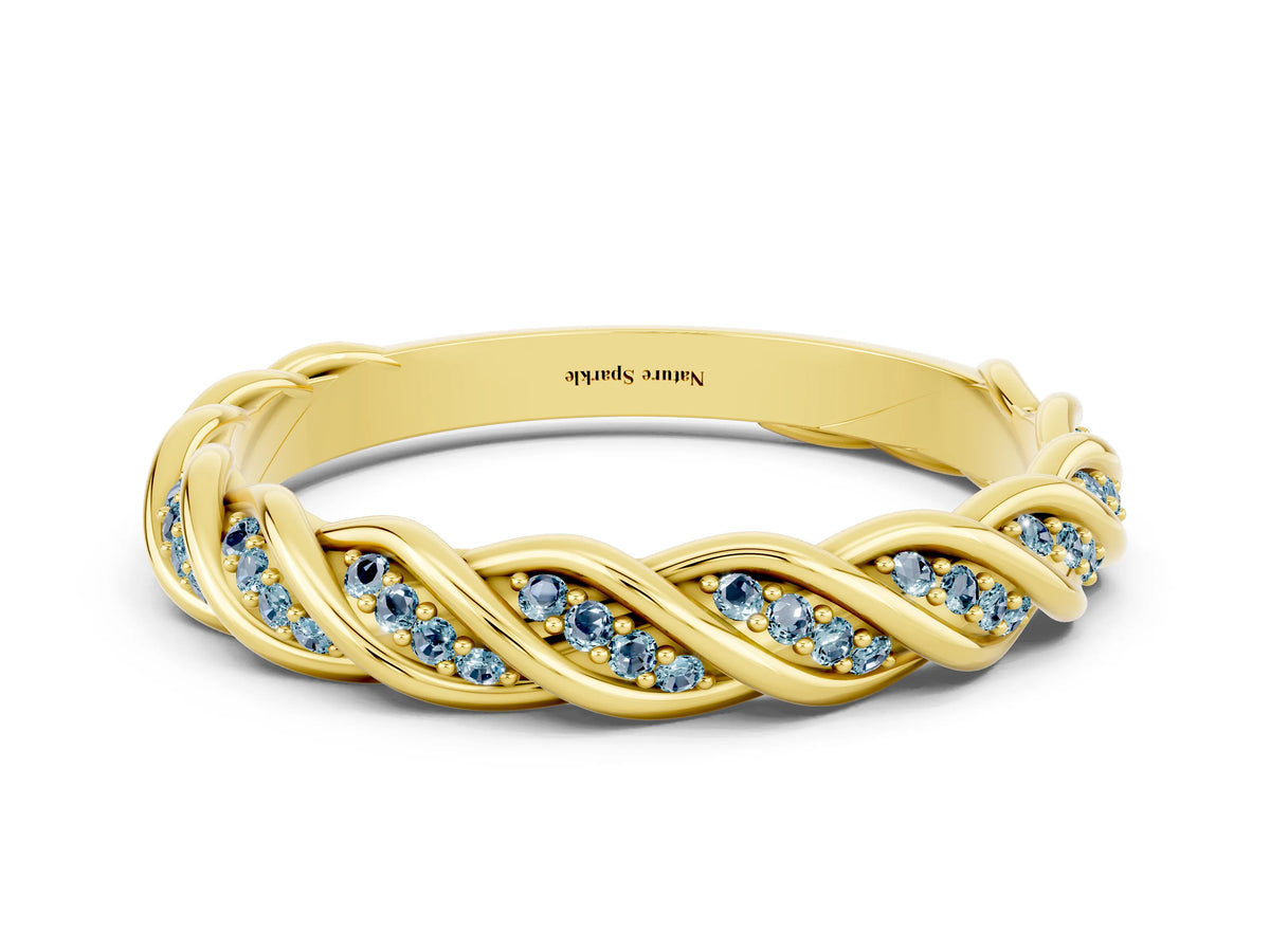 Twisted Pavé Round Aquamarine Eternity Band in Yellow gold with Shared Prong Setting