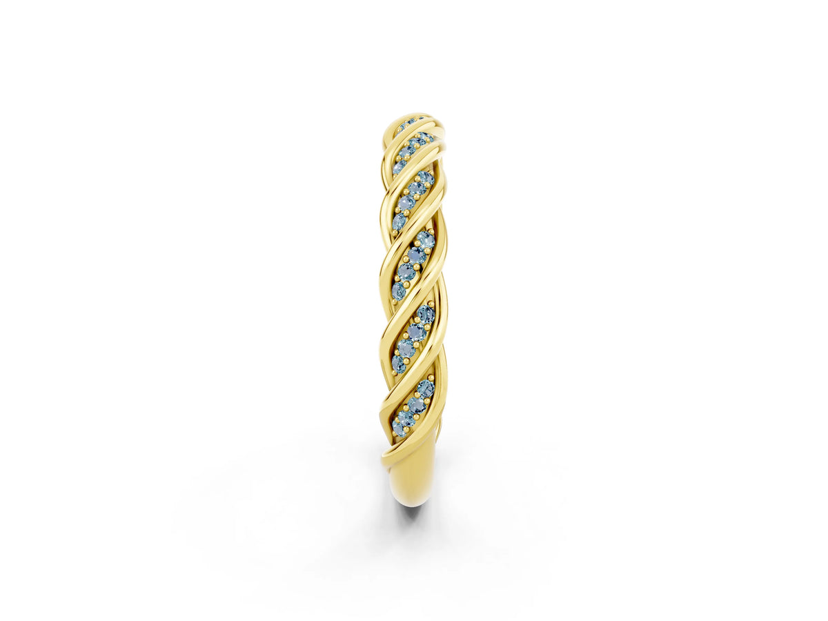 Twisted Pavé Round Aquamarine Eternity Band in Yellow gold with Shared Prong Setting