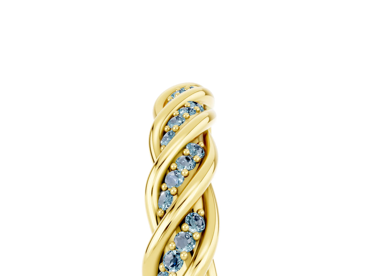Twisted Pavé Round Aquamarine Eternity Band in Yellow gold with Shared Prong Setting