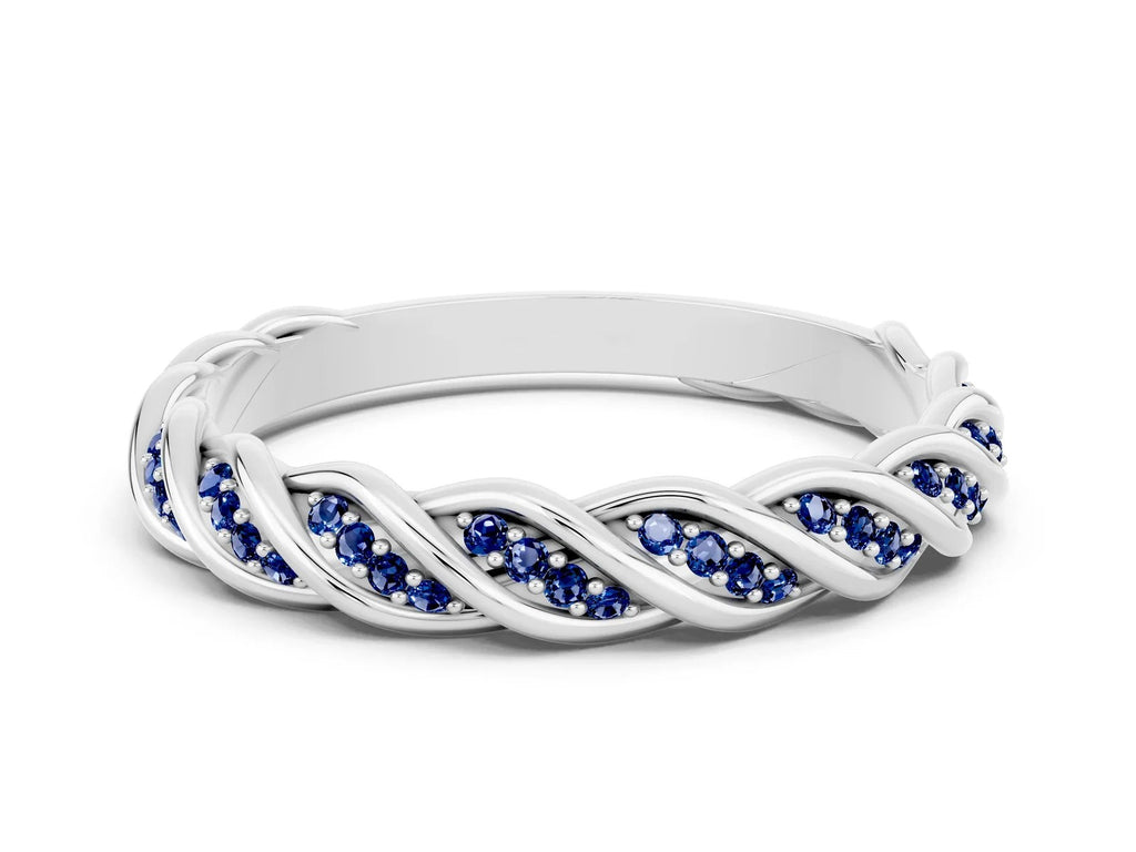 Twisted Pavé Round Blue Sapphire Eternity Band in Silver with Shared Prong Setting 