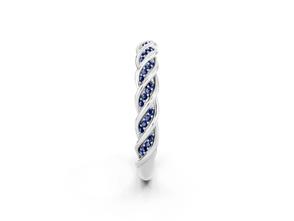 Twisted Pavé Round Blue Sapphire Eternity Band in Silver with Shared Prong Setting