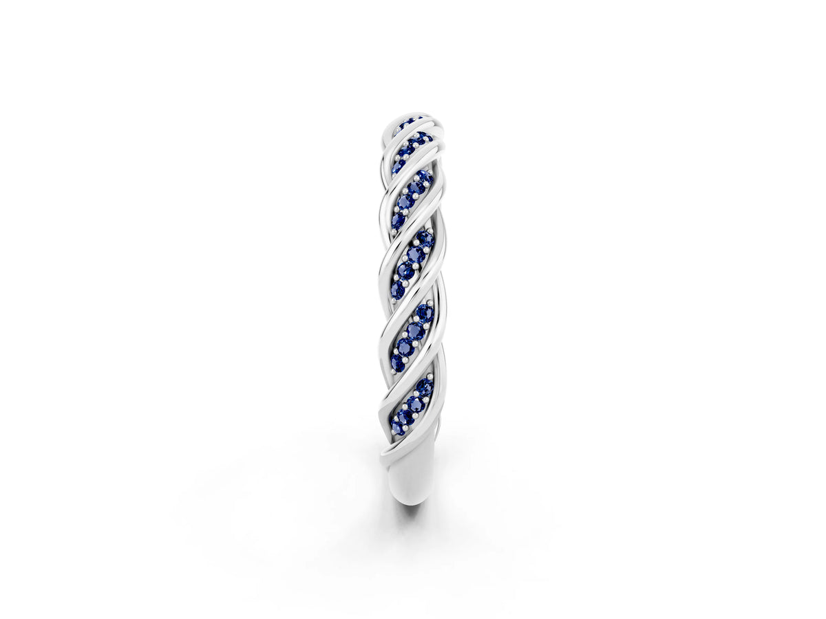 Twisted Pavé Round Blue Sapphire Eternity Band in Silver with Shared Prong Setting