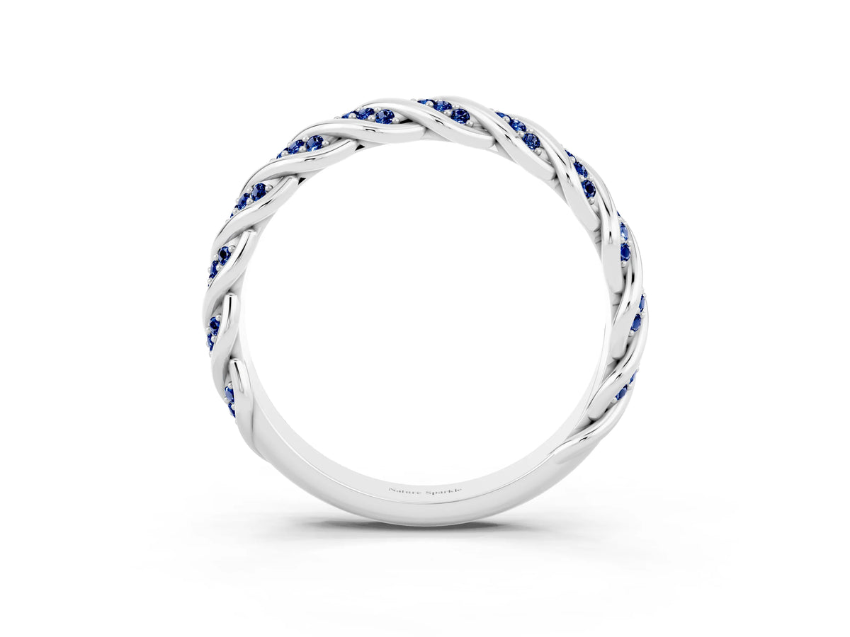 Twisted Pavé Round Blue Sapphire Eternity Band in Silver with Shared Prong Setting